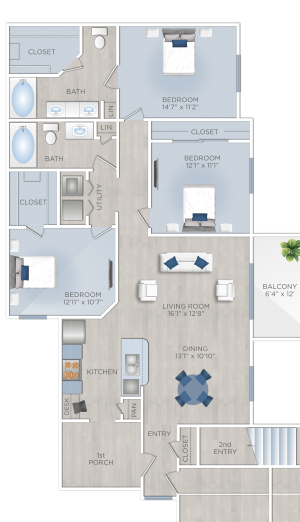 Riverwood F Floorplan Three Bedroom Apartment in Conroe, TX